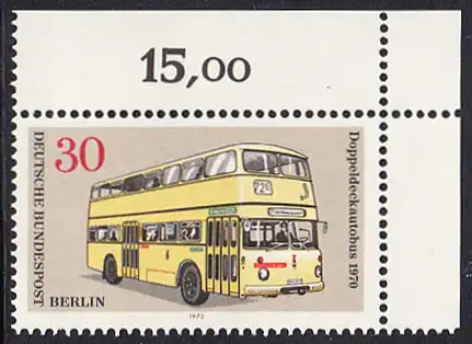BERLIN 1973 Michel-Nummer 449 postfrisch EINZELMARKE ECKRAND oben rechts - Berliner Verkehrsmittel: Omnibusse, Doppeldeckautobus