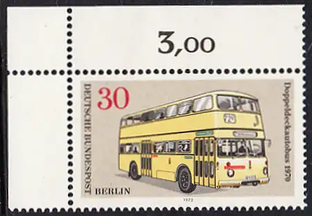 BERLIN 1973 Michel-Nummer 449 postfrisch EINZELMARKE ECKRAND oben links - Berliner Verkehrsmittel: Omnibusse, Doppeldeckautobus
