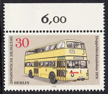 BERLIN 1973 Michel-Nummer 449 postfrisch EINZELMARKE RAND oben (a) - Berliner Verkehrsmittel: Omnibusse, Doppeldeckautobus