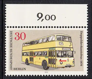 BERLIN 1973 Michel-Nummer 449 postfrisch EINZELMARKE RAND oben (b) - Berliner Verkehrsmittel: Omnibusse, Doppeldeckautobus