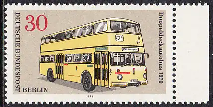 BERLIN 1973 Michel-Nummer 449 postfrisch EINZELMARKE RAND rechts - Berliner Verkehrsmittel: Omnibusse, Doppeldeckautobus