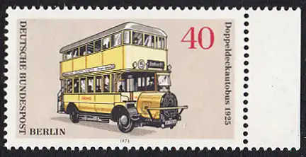 BERLIN 1973 Michel-Nummer 450 postfrisch EINZELMARKE RAND rechts - Berliner Verkehrsmittel: Omnibusse, Doppeldeckautobus