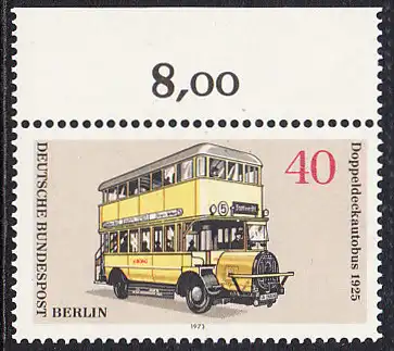 BERLIN 1973 Michel-Nummer 450 postfrisch EINZELMARKE RAND oben (b) - Berliner Verkehrsmittel: Omnibusse, Doppeldeckautobus
