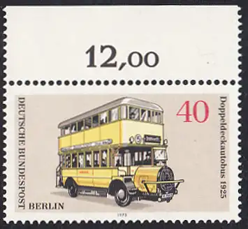 BERLIN 1973 Michel-Nummer 450 postfrisch EINZELMARKE RAND oben (c) - Berliner Verkehrsmittel: Omnibusse, Doppeldeckautobus