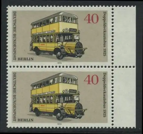 BERLIN 1973 Michel-Nummer 450 postfrisch vert.PAAR RAND rechts - Berliner Verkehrsmittel: Omnibusse, Doppeldeckautobus