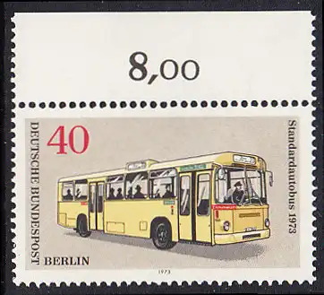 BERLIN 1973 Michel-Nummer 451 postfrisch EINZELMARKE RAND oben (a) - Berliner Verkehrsmittel: Omnibusse, Standardautobus