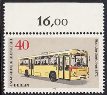 BERLIN 1973 Michel-Nummer 451 postfrisch EINZELMARKE RAND oben (c) - Berliner Verkehrsmittel: Omnibusse, Standardautobus
