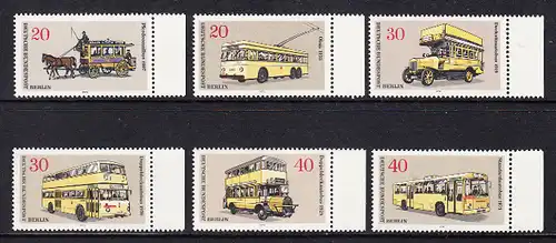 BERLIN 1973 Michel-Nummer 446-451 postfrisch SATZ(6) EINZELMARKEN RÄNDER rechts - Berliner Verkehrsmittel: Omnibusse