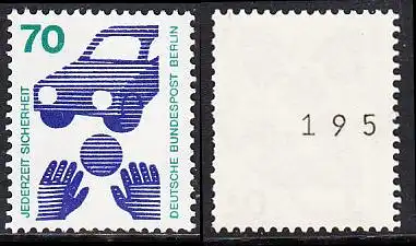 BERLIN 1973 Michel-Nummer 453 postfrisch EINZELMARKE m/ rücks.Rollennummer 195 (b) - Unfallverhütung; Verkehrssicherheit - Ball vor Auto