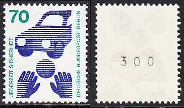 BERLIN 1973 Michel-Nummer 453 postfrisch EINZELMARKE m/ rücks.Rollennummer 300 - Unfallverhütung; Verkehrssicherheit - Ball vor Auto