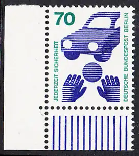 BERLIN 1973 Michel-Nummer 453 postfrisch EINZELMARKE ECKRAND unten links - Unfallverhütung; Verkehrssicherheit - Ball vor Auto