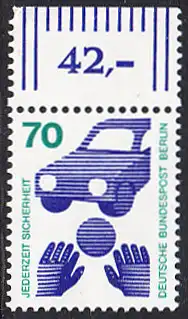 BERLIN 1973 Michel-Nummer 453 postfrisch EINZELMARKE RAND oben (c) - Unfallverhütung; Verkehrssicherheit - Ball vor Auto