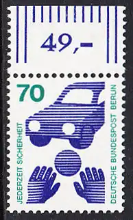 BERLIN 1973 Michel-Nummer 453 postfrisch EINZELMARKE RAND oben (d) - Unfallverhütung; Verkehrssicherheit - Ball vor Auto