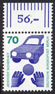BERLIN 1973 Michel-Nummer 453 postfrisch EINZELMARKE RAND oben (e) - Unfallverhütung; Verkehrssicherheit - Ball vor Auto