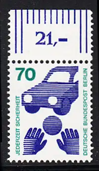 BERLIN 1973 Michel-Nummer 453 postfrisch EINZELMARKE RAND oben (b) - Unfallverhütung; Verkehrssicherheit - Ball vor Auto