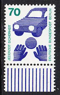 BERLIN 1973 Michel-Nummer 453 postfrisch EINZELMARKE RAND unten - Unfallverhütung; Verkehrssicherheit - Ball vor Auto