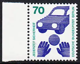 BERLIN 1973 Michel-Nummer 453 postfrisch EINZELMARKE RAND links (a) - Unfallverhütung; Verkehrssicherheit - Ball vor Auto