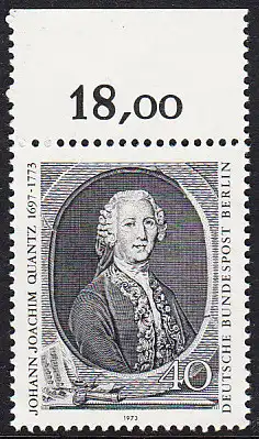 BERLIN 1973 Michel-Nummer 454 postfrisch EINZELMARKE RAND oben (f) - Johann Joachim Quantz, Flötist und Komponist