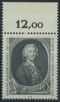 BERLIN 1973 Michel-Nummer 454 postfrisch EINZELMARKE RAND oben (d) - Johann Joachim Quantz, Flötist und Komponist