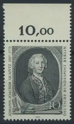 BERLIN 1973 Michel-Nummer 454 postfrisch EINZELMARKE RAND oben (c) - Johann Joachim Quantz, Flötist und Komponist