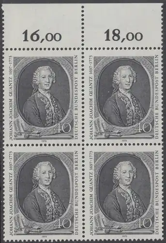 BERLIN 1973 Michel-Nummer 454 postfrisch BLOCK RÄNDER oben - Johann Joachim Quantz, Flötist und Komponist