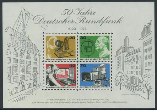 BERLIN 1973 Michel-Nummer 455-458 postfrisch BLOCKAUSGABE (Nr. 4) -  - 50 Jahre Deutscher Rundfunk