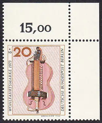 BERLIN 1973 Michel-Nummer 459 postfrisch EINZELMARKE ECKRAND oben rechts - Musikinstrumente: Drehleier