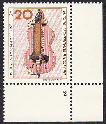 BERLIN 1973 Michel-Nummer 459 postfrisch EINZELMARKE ECKRAND unten rechts (FN) - Musikinstrumente: Drehleier