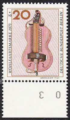 BERLIN 1973 Michel-Nummer 459 postfrisch EINZELMARKE RAND unten - Musikinstrumente: Drehleier