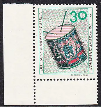 BERLIN 1973 Michel-Nummer 460 postfrisch EINZELMARKE ECKRAND unten links - Musikinstrumente: Trommel
