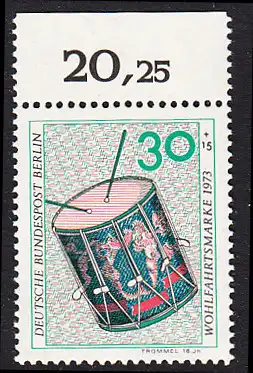 BERLIN 1973 Michel-Nummer 460 postfrisch EINZELMARKE RAND oben - Musikinstrumente: Trommel