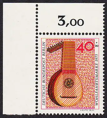 BERLIN 1973 Michel-Nummer 461 postfrisch EINZELMARKE ECKRAND oben links - Musikinstrumente: Laute