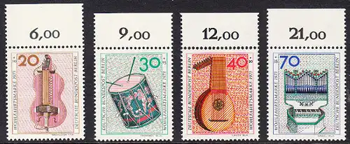 BERLIN 1973 Michel-Nummer 459-462 postfrisch SATZ(4) EINZELMARKEN RÄNDER oben (b) - Musikinstrumente