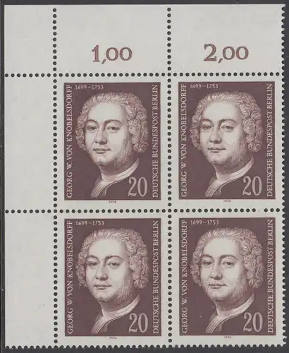 BERLIN 1974 Michel-Nummer 464 postfrisch BLOCK ECKRAND oben links - Georg Wenzeslaus von Knobelsdorff, Baumeister und Maler