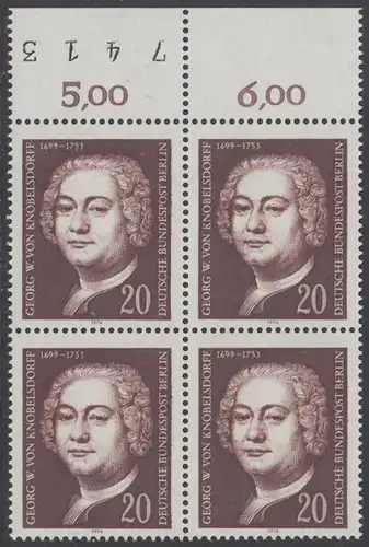 BERLIN 1974 Michel-Nummer 464 postfrisch BLOCK RÄNDER oben (a05) - Georg Wenzeslaus von Knobelsdorff, Baumeister und Maler