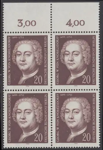 BERLIN 1974 Michel-Nummer 464 postfrisch BLOCK RÄNDER oben (a01) - Georg Wenzeslaus von Knobelsdorff, Baumeister und Maler