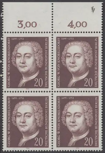 BERLIN 1974 Michel-Nummer 464 postfrisch BLOCK RÄNDER oben (a02) - Georg Wenzeslaus von Knobelsdorff, Baumeister und Maler