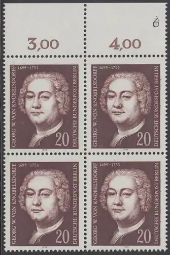 BERLIN 1974 Michel-Nummer 464 postfrisch BLOCK RÄNDER oben (a03) - Georg Wenzeslaus von Knobelsdorff, Baumeister und Maler