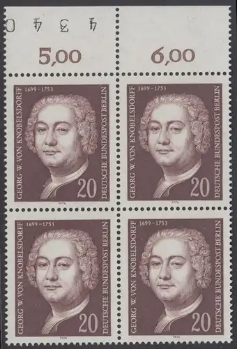 BERLIN 1974 Michel-Nummer 464 postfrisch BLOCK RÄNDER oben (a04) - Georg Wenzeslaus von Knobelsdorff, Baumeister und Maler