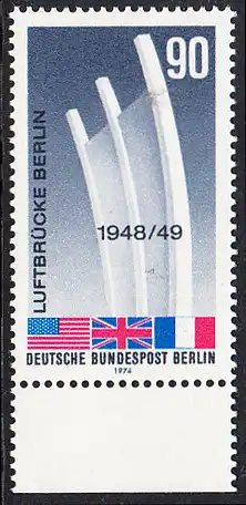 BERLIN 1974 Michel-Nummer 466 postfrisch EINZELMARKE RAND unten - Beendigung der Blockade Berlins; Berliner Luftbrücke