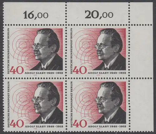 BERLIN 1974 Michel-Nummer 467 postfrisch BLOCK ECKRAND oben rechts - Adolf Slaby, Funktechniker
