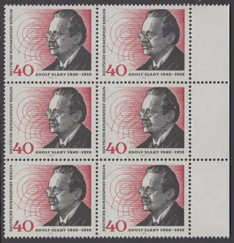 BERLIN 1974 Michel-Nummer 467 postfrisch vert.BLOCK(6) RÄNDER rechts - Adolf Slaby, Funktechniker