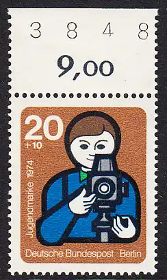 BERLIN 1974 Michel-Nummer 468 postfrisch EINZELMARKE RAND oben (BZ) - Elemente internationaler Jugendarbeit: Jugend fotografiert