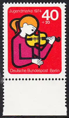 BERLIN 1974 Michel-Nummer 470 postfrisch EINZELMARKE RAND unten - Elemente internationaler Jugendarbeit: Jugend musiziert
