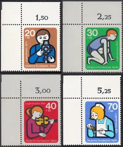 BERLIN 1974 Michel-Nummer 468-471 postfrisch SATZ(4) EINZELMARKEN ECKRÄNDER oben links - Elemente internationaler Jugendarbeit