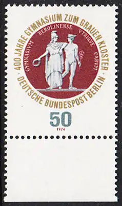 BERLIN 1974 Michel-Nummer 472 postfrisch EINZELMARKE RAND unten - Gymnasium zum Grauen Kloster, Berlin