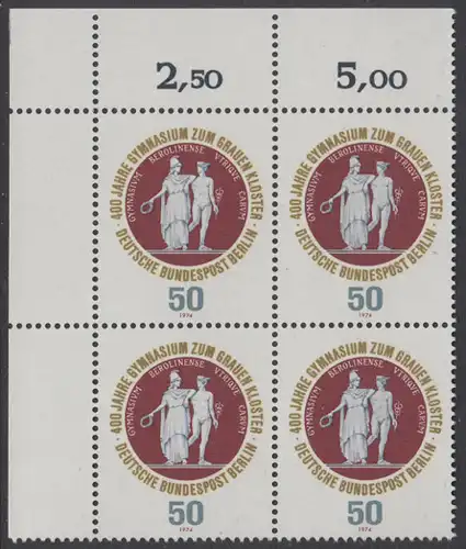 BERLIN 1974 Michel-Nummer 472 postfrisch BLOCK ECKRAND oben links - Gymnasium zum Grauen Kloster, Berlin