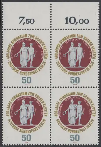 BERLIN 1974 Michel-Nummer 472 postfrisch BLOCK RÄNDER oben (a02) - Gymnasium zum Grauen Kloster, Berlin
