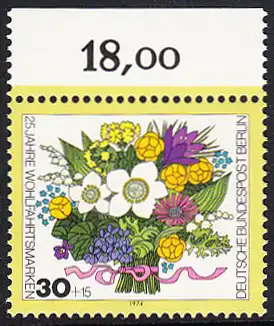 BERLIN 1974 Michel-Nummer 473 postfrisch EINZELMARKE RAND oben (c) - Blumensträuße: Frühlingsstrauß