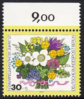 BERLIN 1974 Michel-Nummer 473 postfrisch EINZELMARKE RAND oben (a) - Blumensträuße: Frühlingsstrauß